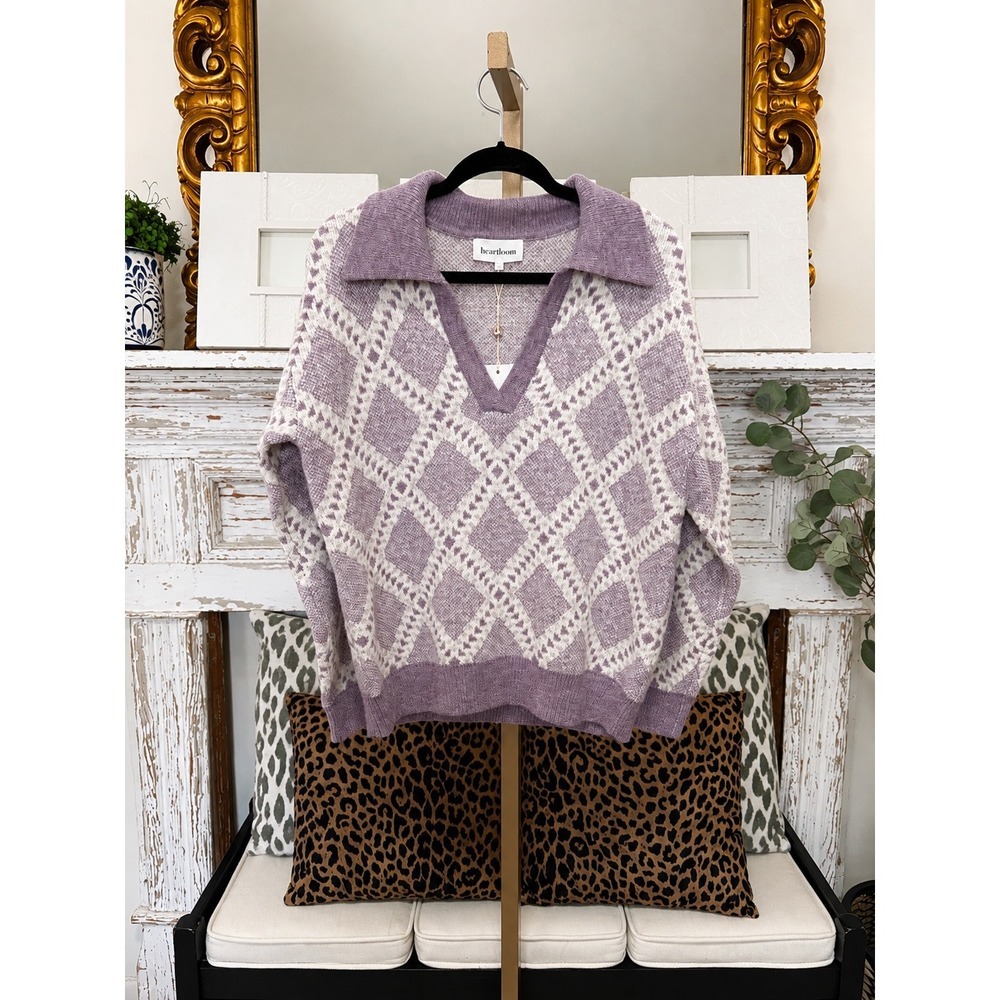 Heartloom Lavender Argyle Polo Collar V-Neck Knit Sweater Large NEW